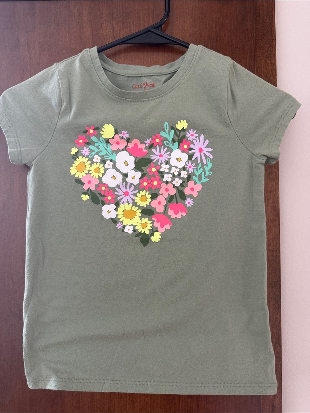 Cat & Jack Olive Green Tee with Floral Heart Graphic
